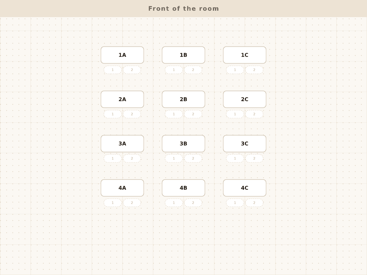 Layout of the Classroom for 24, desks in pairs template